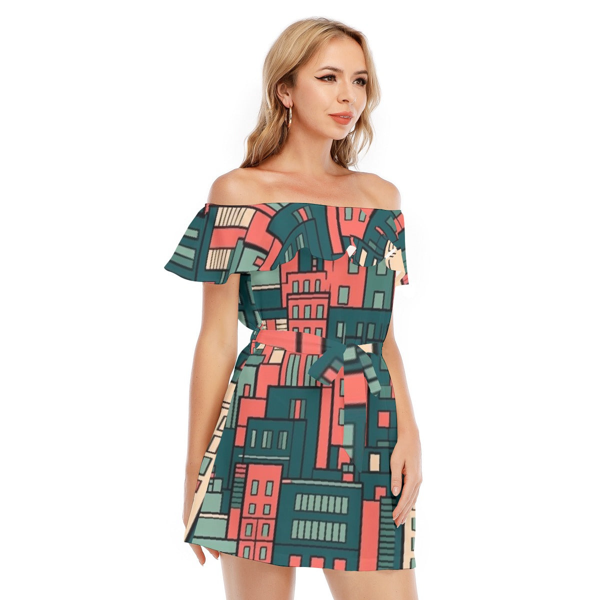 All-Over Print Women's Off-shoulder Dress With Ruffle