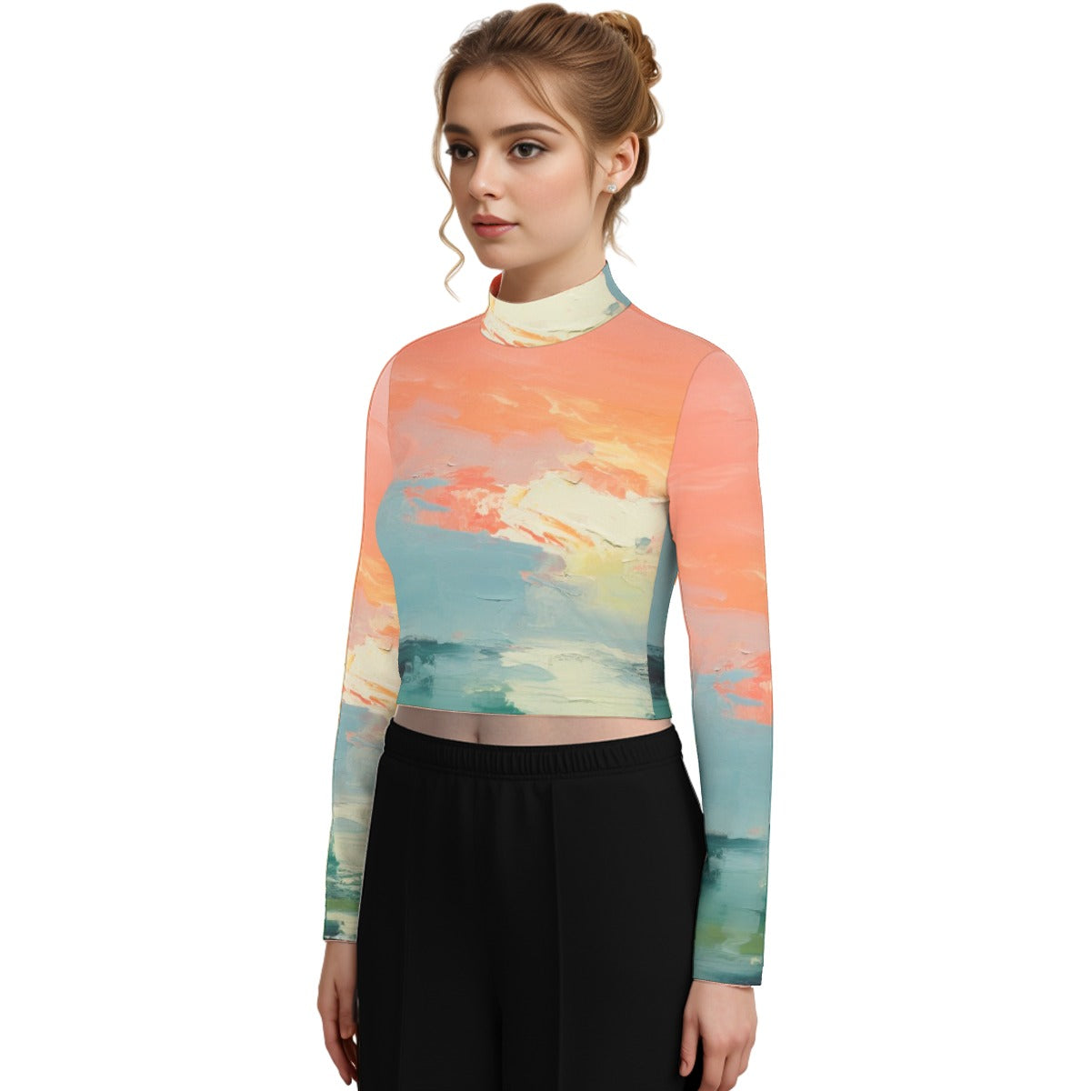 Eco-Friendly All-Over Print Women's Turtleneck T-shirt With Long Sleeve