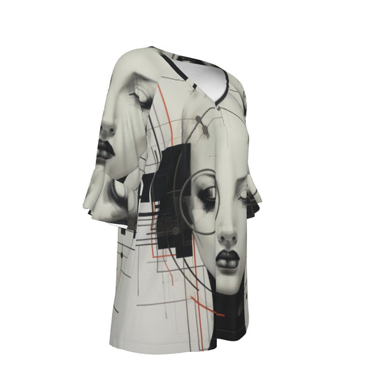 All-Over Print V-neck Women's T-shirt With Bell Sleeve