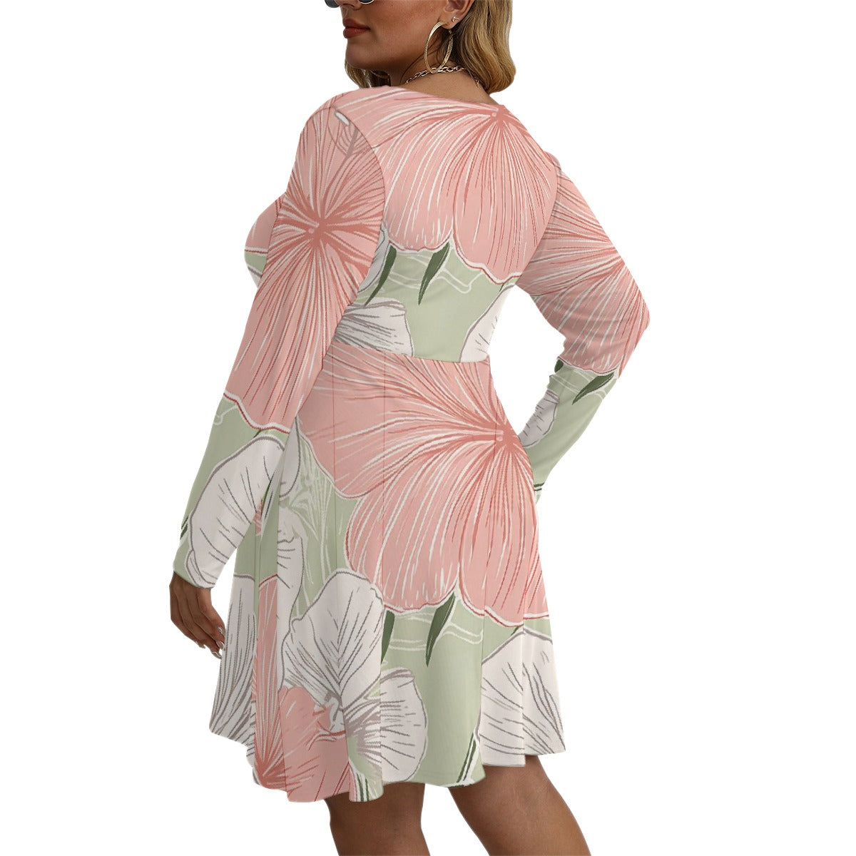 All-Over Print Women's V-neck Long Sleeve Dress(Plus Size)