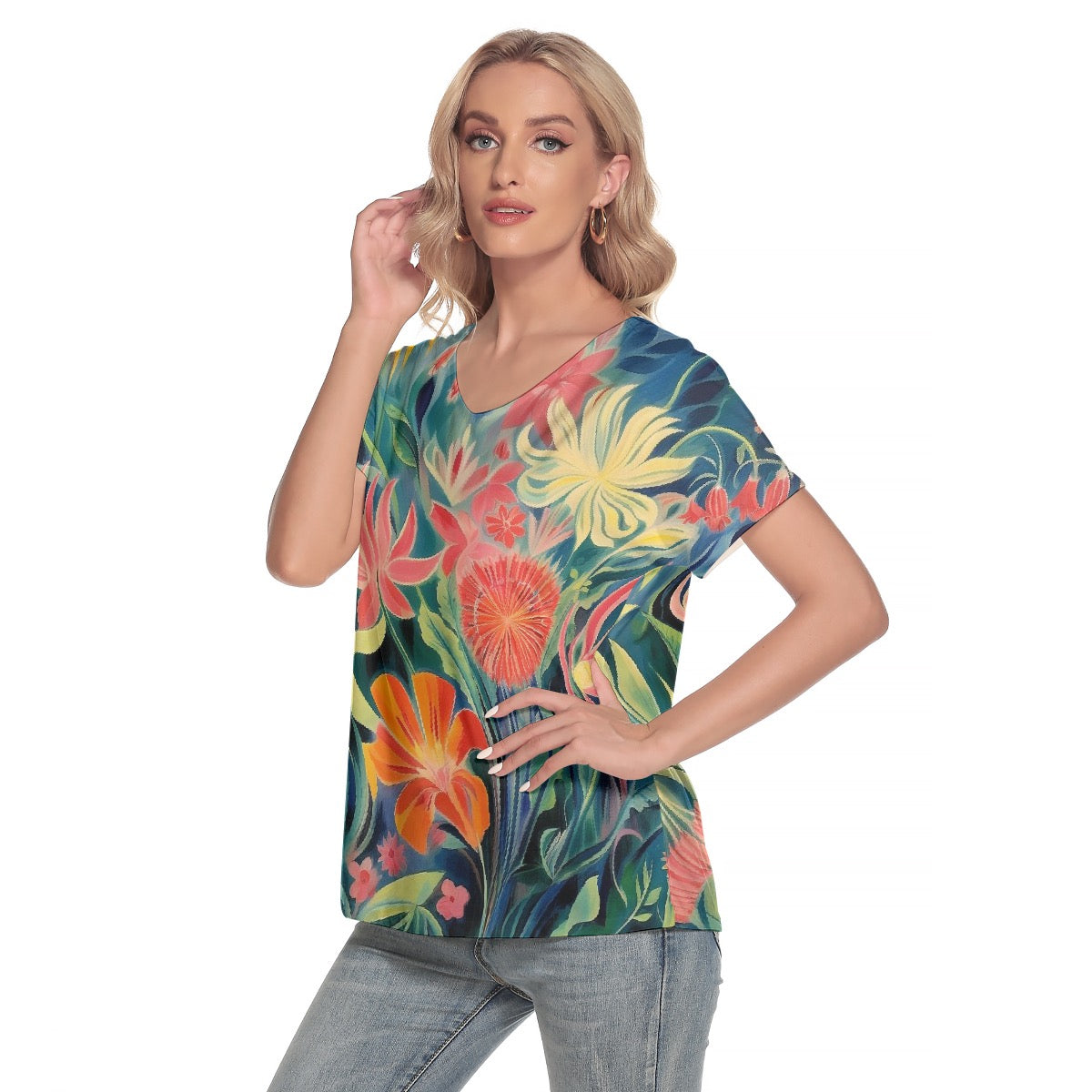 All-Over Print Women's Loose V-neck Short Sleeve T-shirt