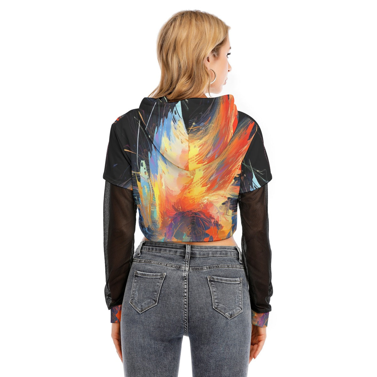 All-Over Print Women's Fake Two-piece Mesh Sleeve Cropped Hoodie