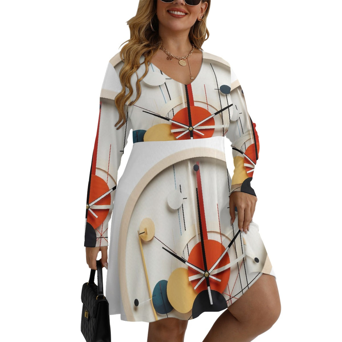 All-Over Print Women's V-neck Long Sleeve Dress(Plus Size)