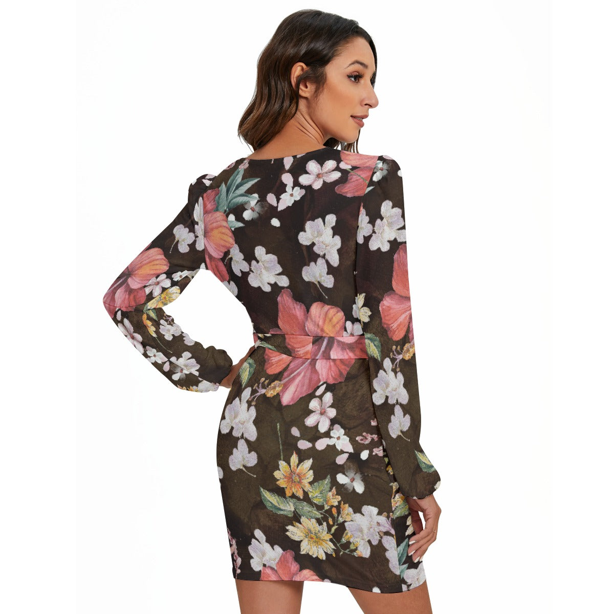 All-Over Print Women's Long Sleeve Dress With Waist Belt