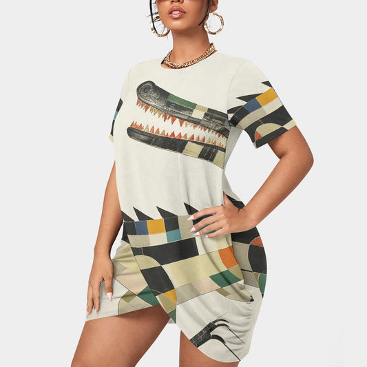 All-Over Print Women’s Stacked Hem Dress With Short Sleeve（Plus Size）