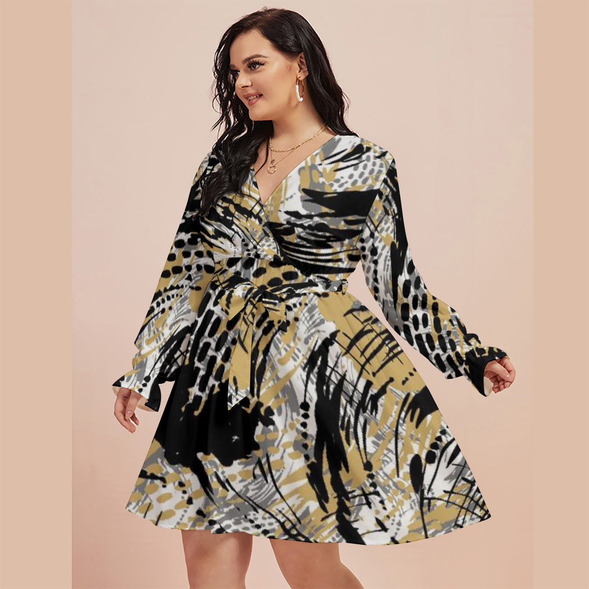 All-Over Print Women's V-neck Dress With Waistband(Plus Size)