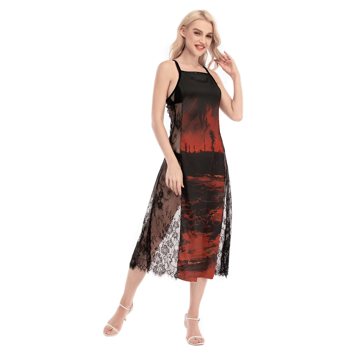 All-Over Print Women's Lace Cami Cross Back Dress