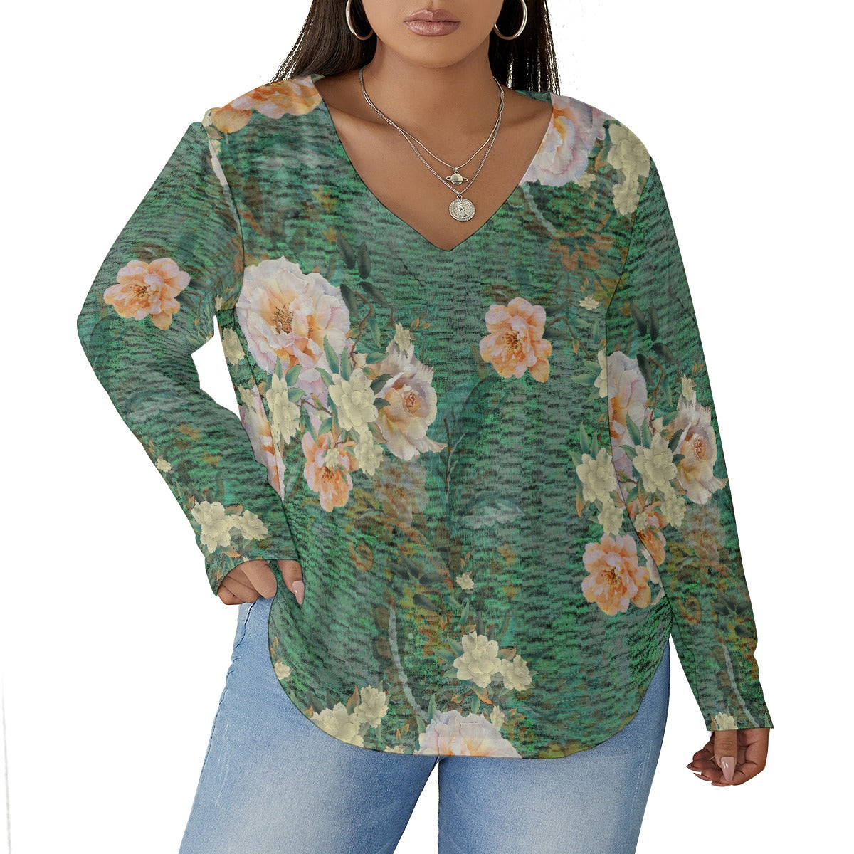 All-Over Print Women's V-neck T-shirt With Curved Hem(Plus Size)