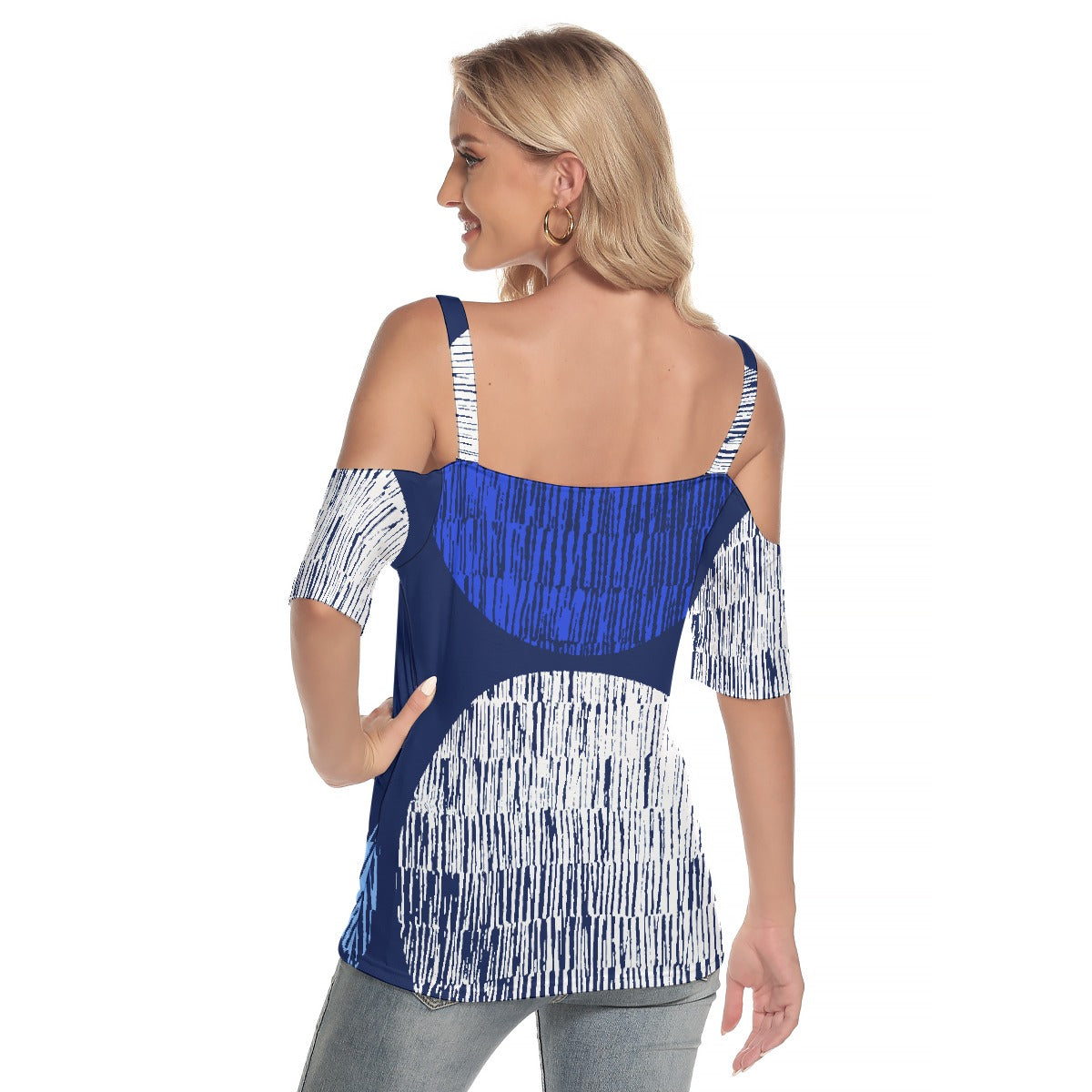 All-Over Print Women's Cold Shoulder T-shirt With Criss Cross Strips