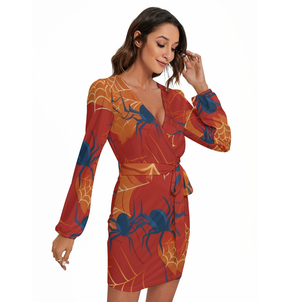 All-Over Print Women's Long Sleeve Dress With Waist Belt