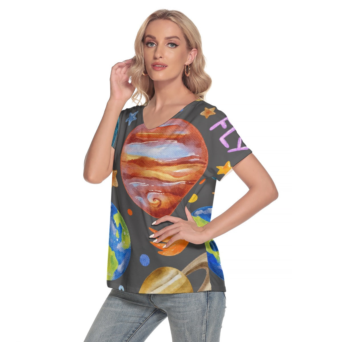 All-Over Print Women's Loose V-neck Short Sleeve T-shirt