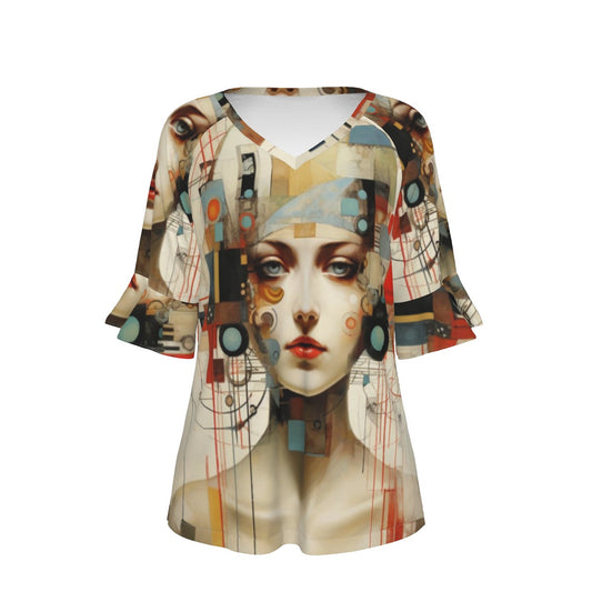 All-Over Print V-neck Women's T-shirt With Bell Sleeve