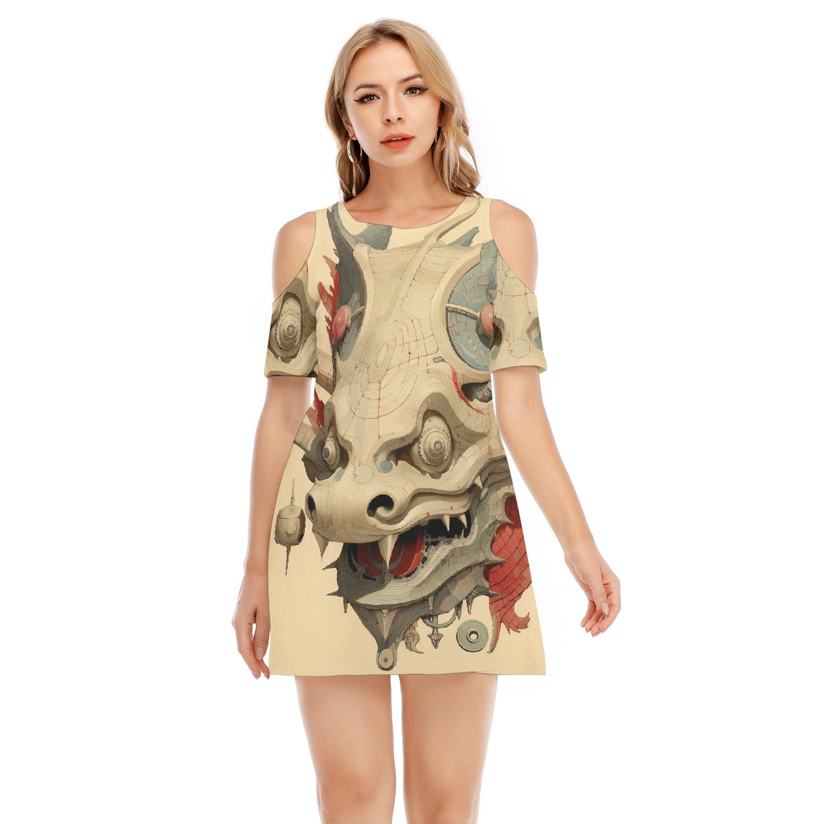 All-Over Print Women's Cold Shoulder Dress | 190GSM Cotton