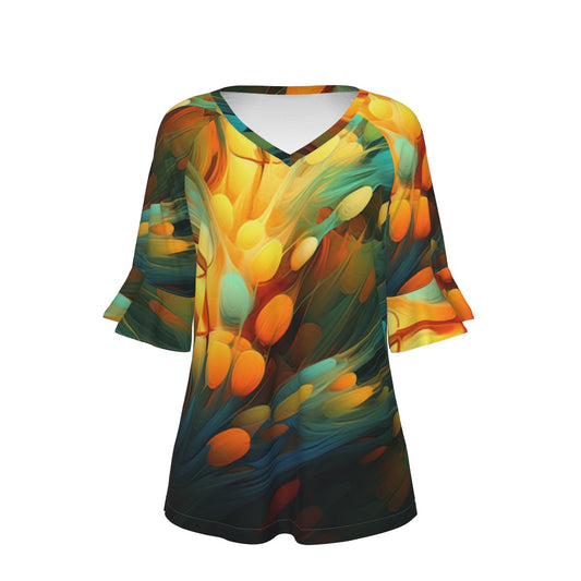 All-Over Print V-neck Women's T-shirt With Bell Sleeve