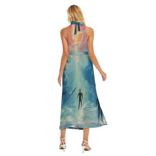 All-Over Print Women's Wrap Hem Belted Halter Dress