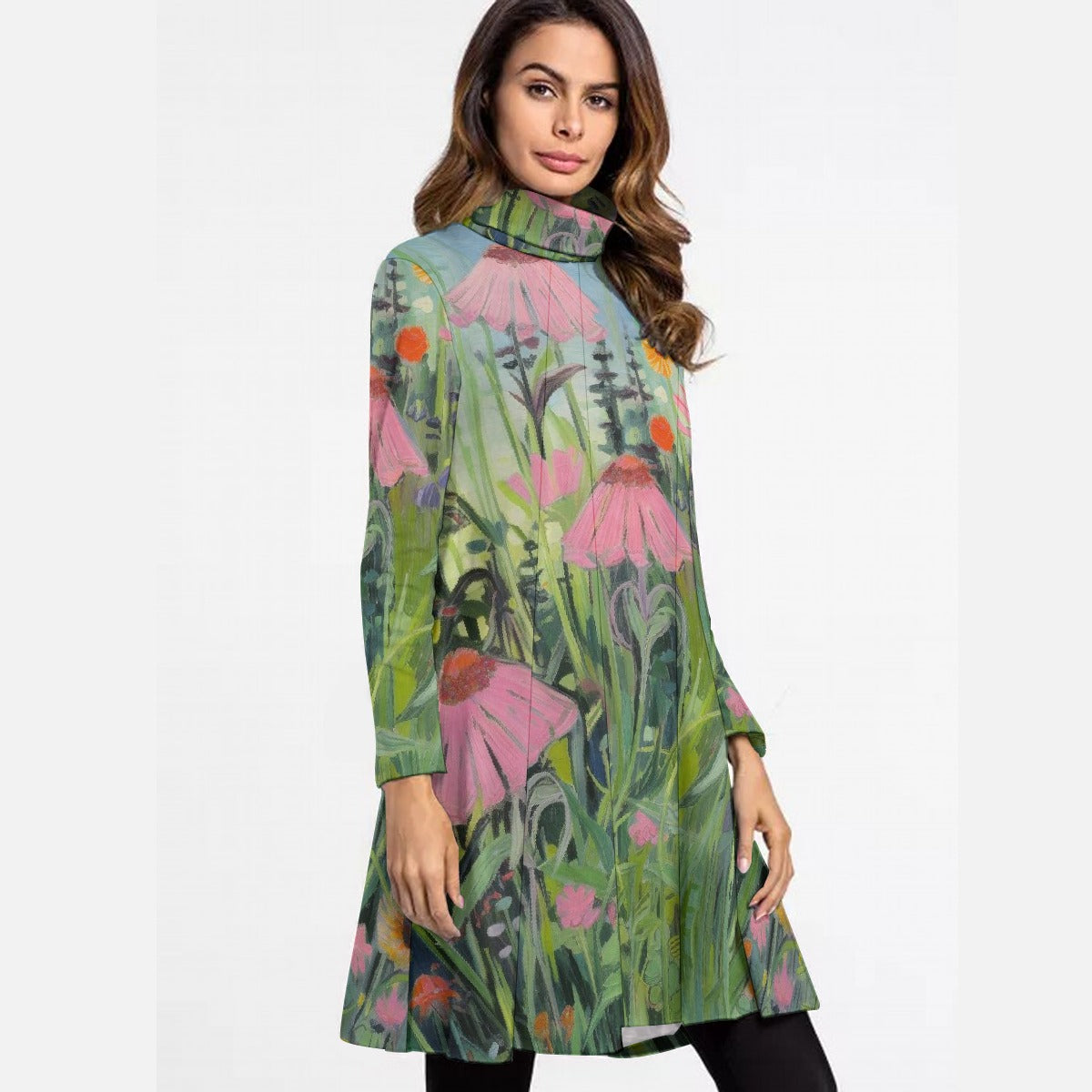 All-Over Print Women's High Neck Dress With Long Sleeve