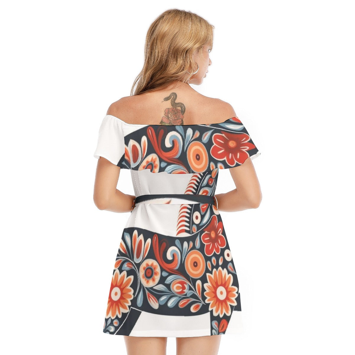 All-Over Print Women's Off-shoulder Dress With Ruffle