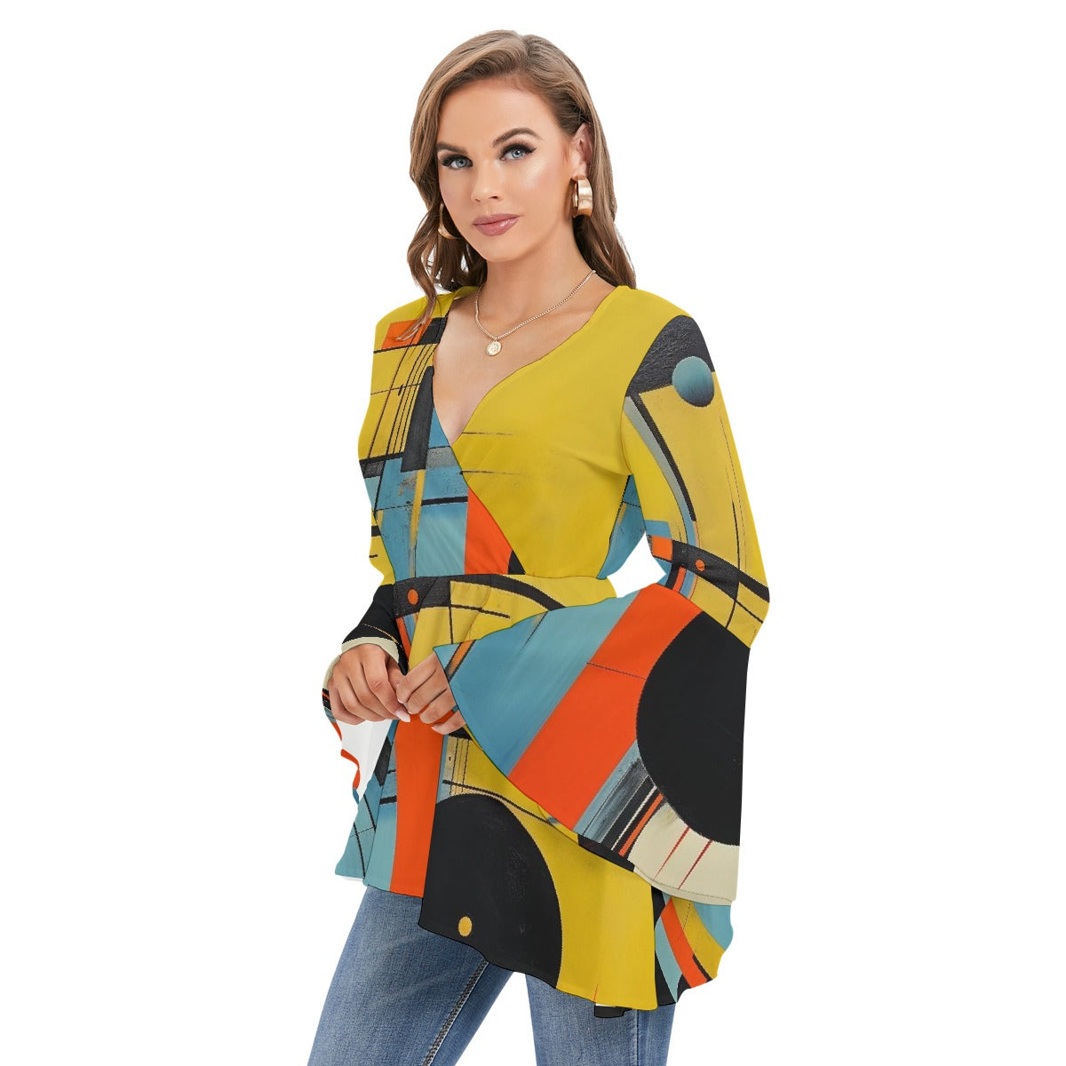 All-Over Print Women's V-neck Blouse With Flared Sleeves