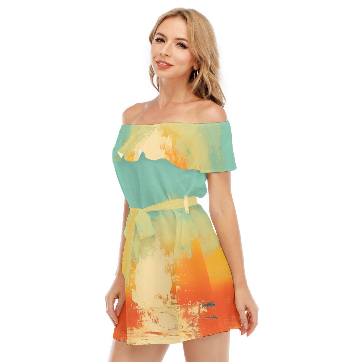 All-Over Print Women's Off-shoulder Dress With Ruffle