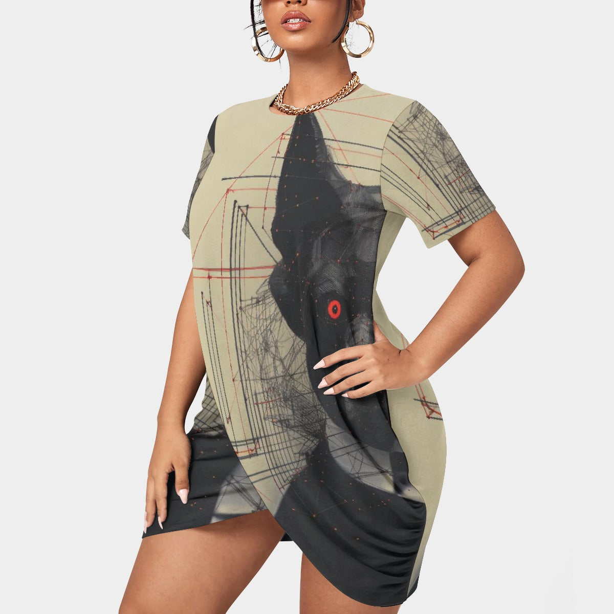 All-Over Print Women’s Stacked Hem Dress With Short Sleeve（Plus Size）