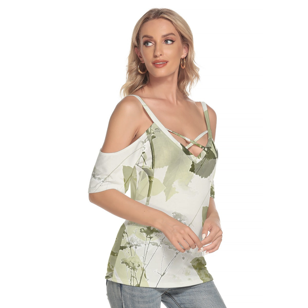 All-Over Print Women's Cold Shoulder T-shirt With Criss Cross Strips