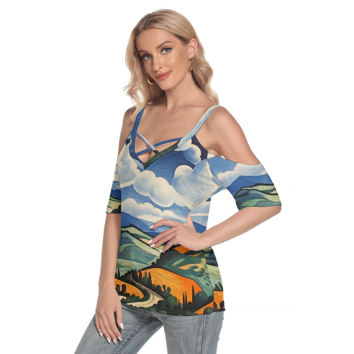 All-Over Print Women's Cold Shoulder T-shirt With Criss Cross Strips