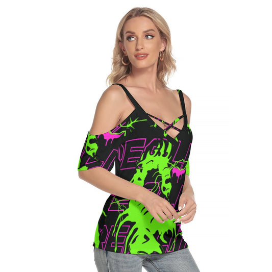 All-Over Print Women's Cold Shoulder T-shirt With Criss Cross Strips