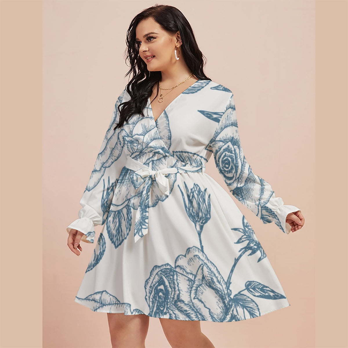 All-Over Print Women's V-neck Dress With Waistband(Plus Size)