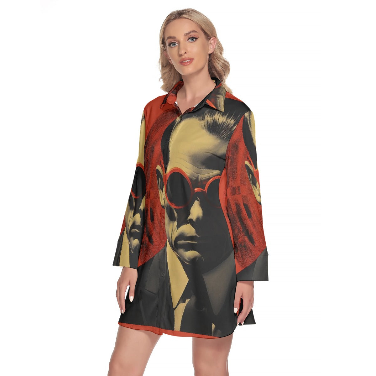 All-Over Print Women's Lapel Shirt Dress With Long Sleeve