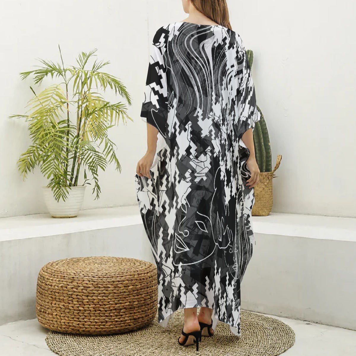 All-Over Print Women's Imitation Silk V-neck Kaftan Robe