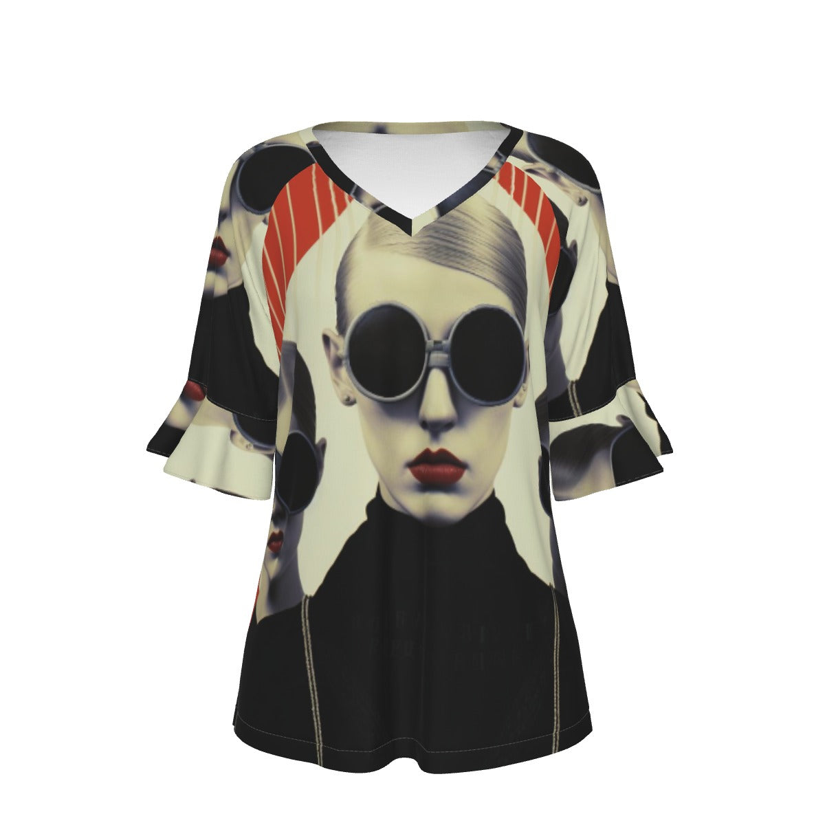 All-Over Print V-neck Women's T-shirt With Bell Sleeve