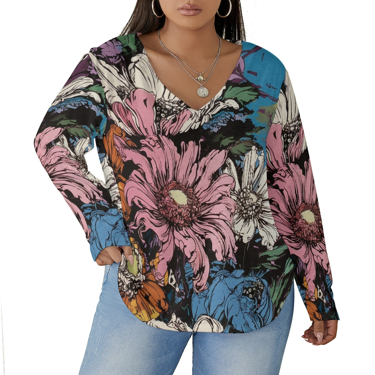 All-Over Print Women's V-neck T-shirt With Curved Hem(Plus Size)