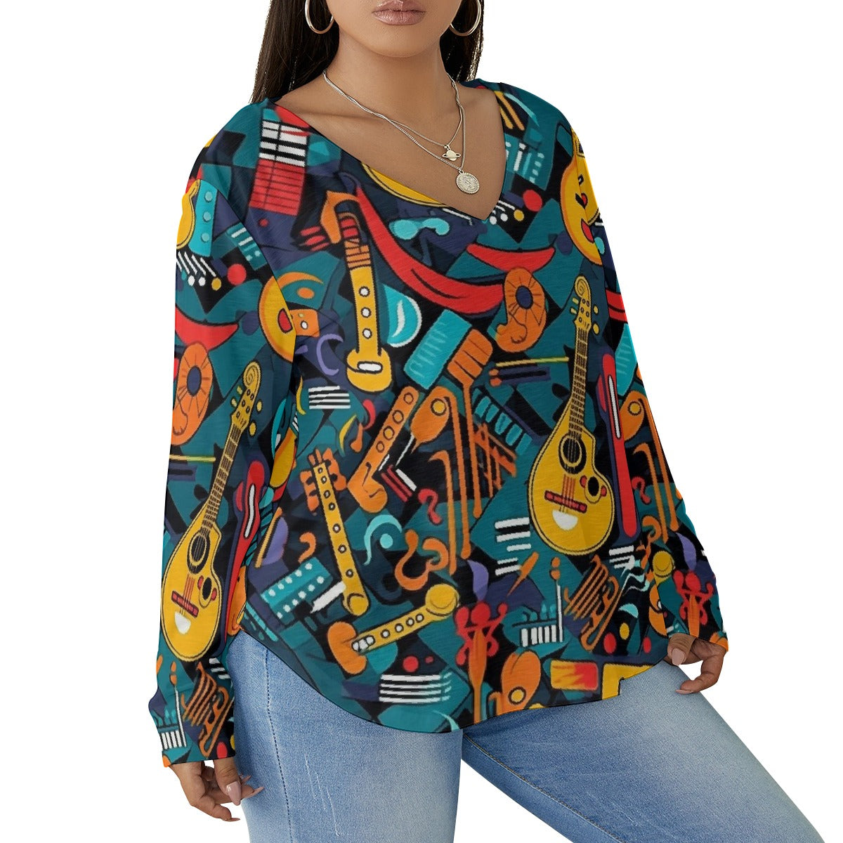 All-Over Print Women's V-neck T-shirt With Curved Hem(Plus Size)