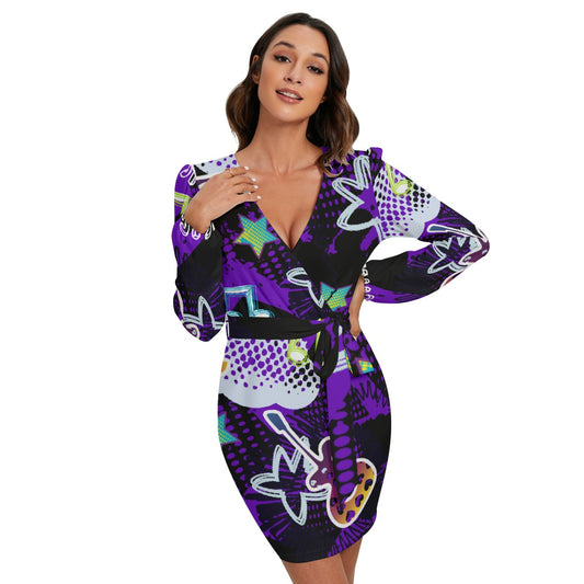 All-Over Print Women's Long Sleeve Dress With Waist Belt