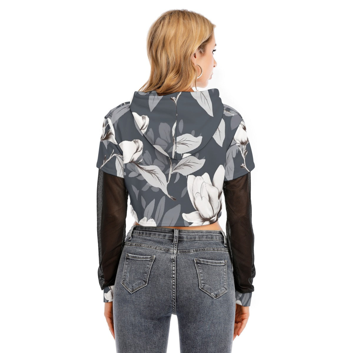 All-Over Print Women's Fake Two-piece Mesh Sleeve Cropped Hoodie