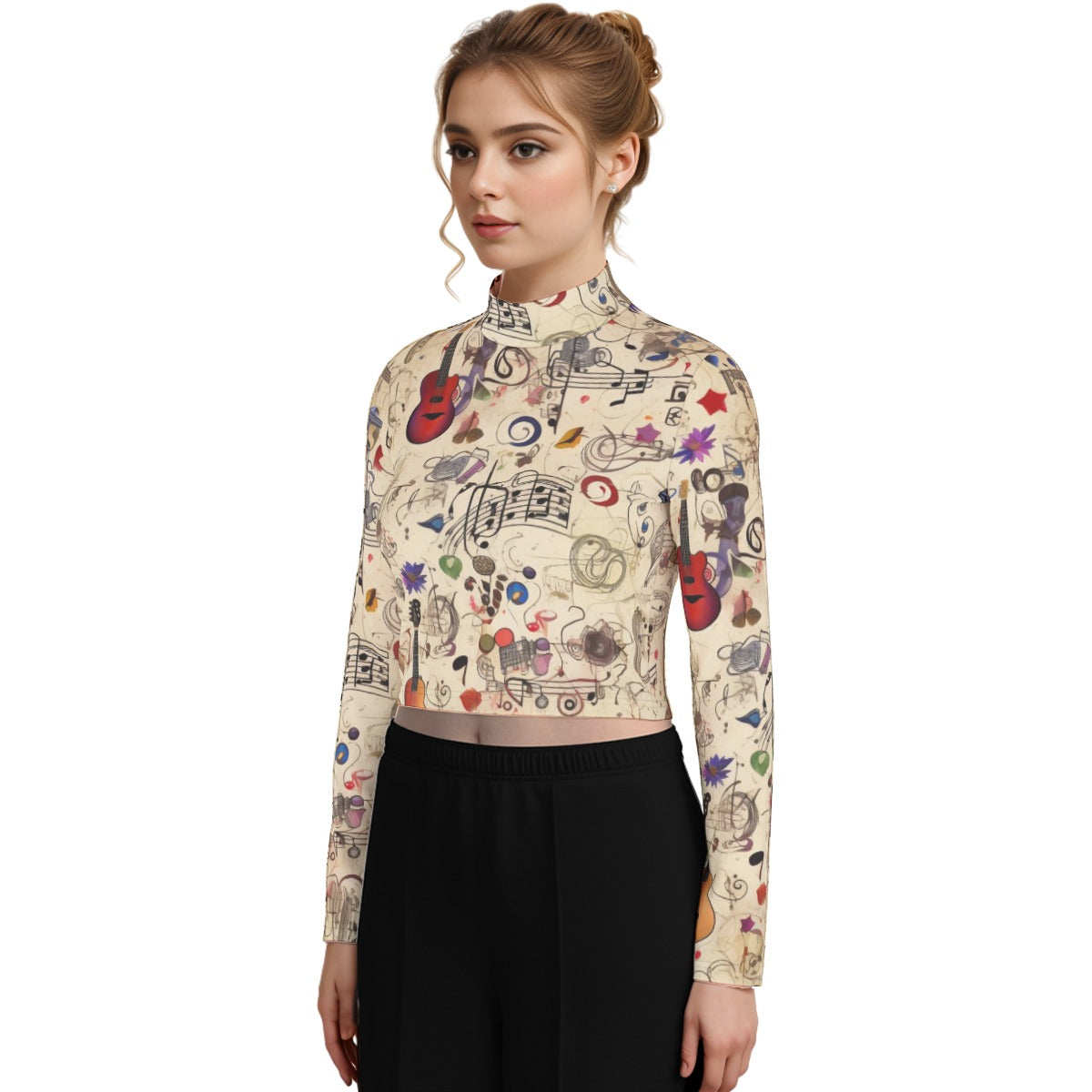 Eco-Friendly All-Over Print Women's Turtleneck T-shirt With Long Sleeve