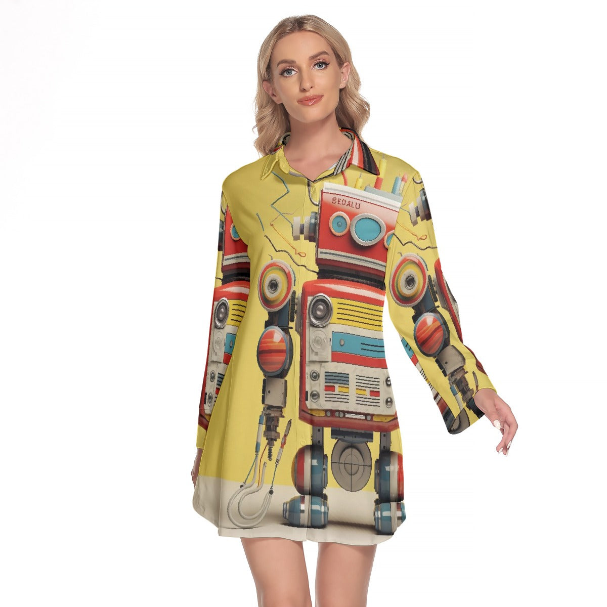 All-Over Print Women's Lapel Shirt Dress With Long Sleeve