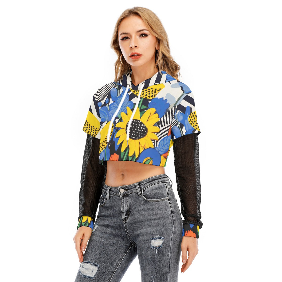 All-Over Print Women's Fake Two-piece Mesh Sleeve Cropped Hoodie