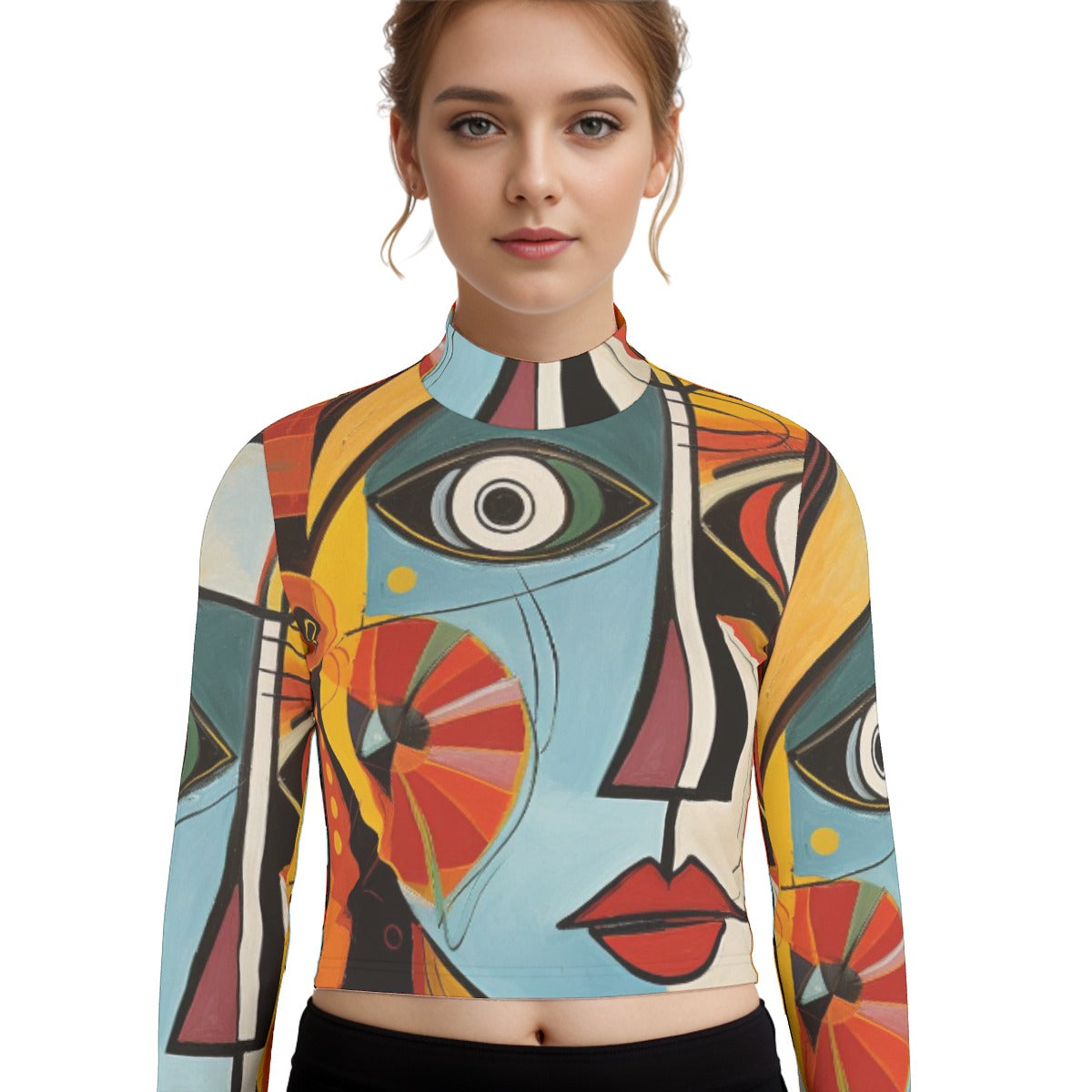 Eco-Friendly All-Over Print Women's Turtleneck T-shirt With Long Sleeve