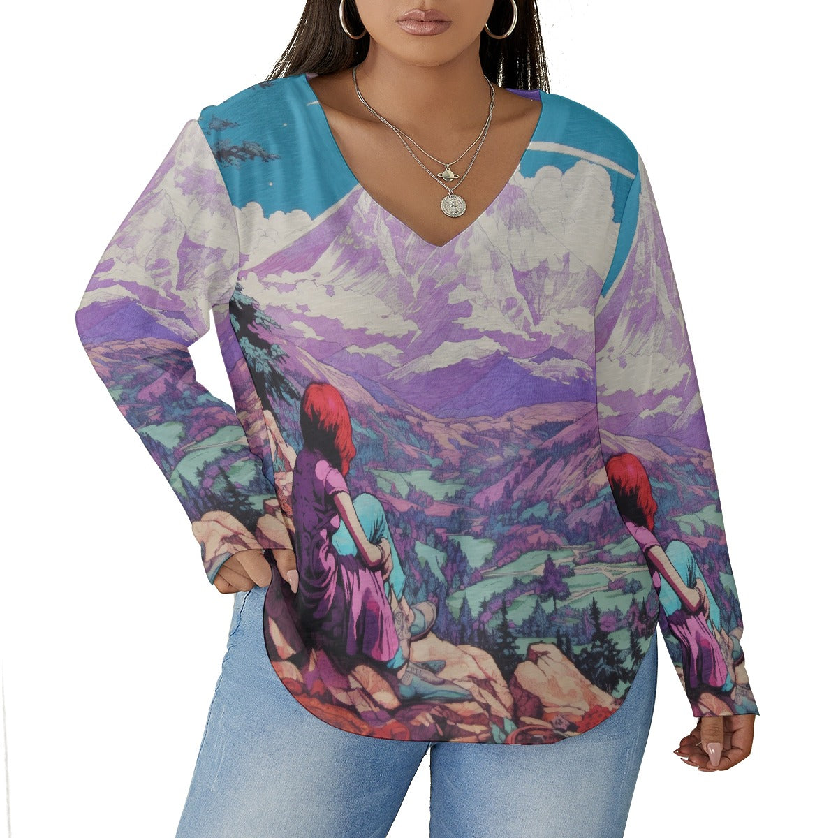 All-Over Print Women's V-neck T-shirt With Curved Hem(Plus Size)