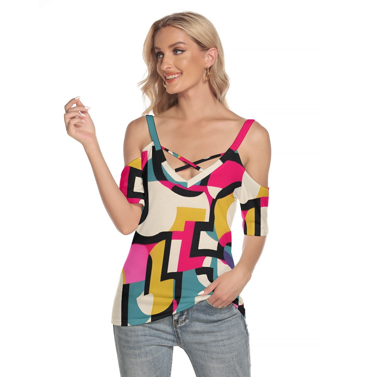 All-Over Print Women's Cold Shoulder T-shirt With Criss Cross Strips