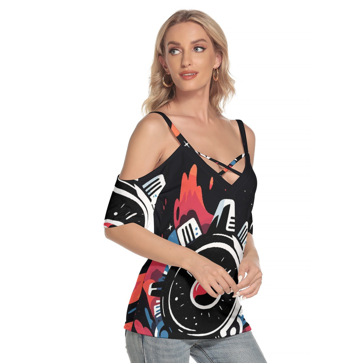 All-Over Print Women's Cold Shoulder T-shirt With Criss Cross Strips