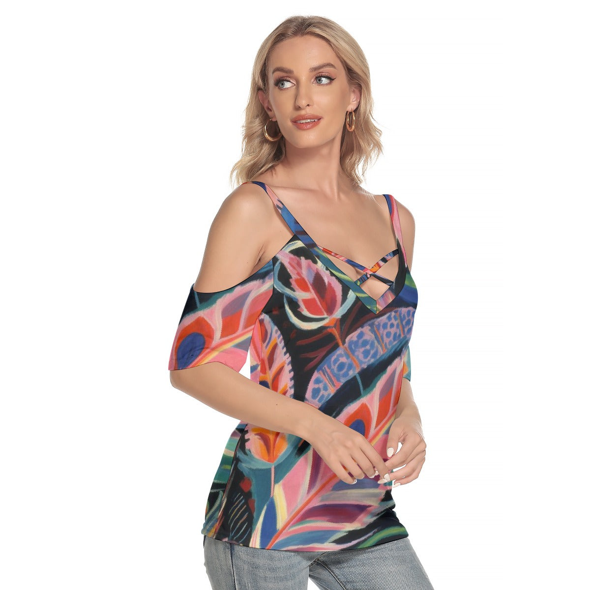 All-Over Print Women's Cold Shoulder T-shirt With Criss Cross Strips