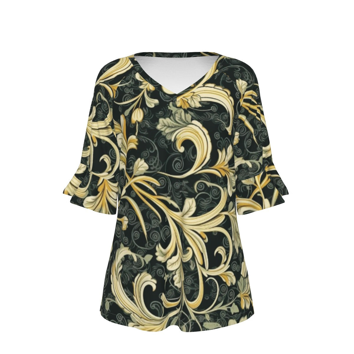 All-Over Print V-neck Women's T-shirt With Bell Sleeve