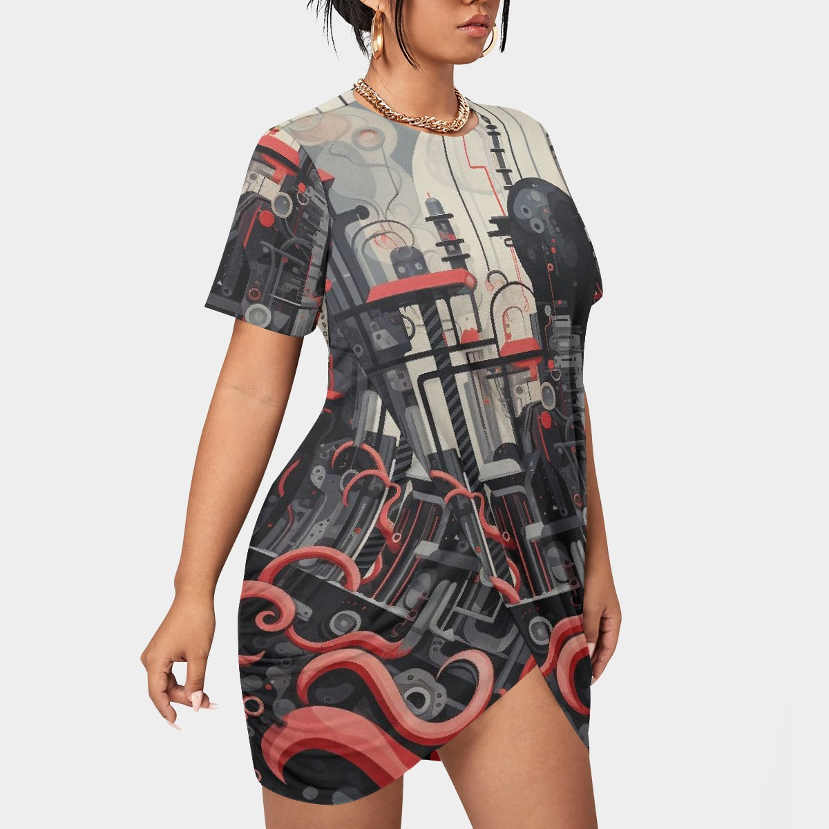 All-Over Print Women’s Stacked Hem Dress With Short Sleeve（Plus Size）