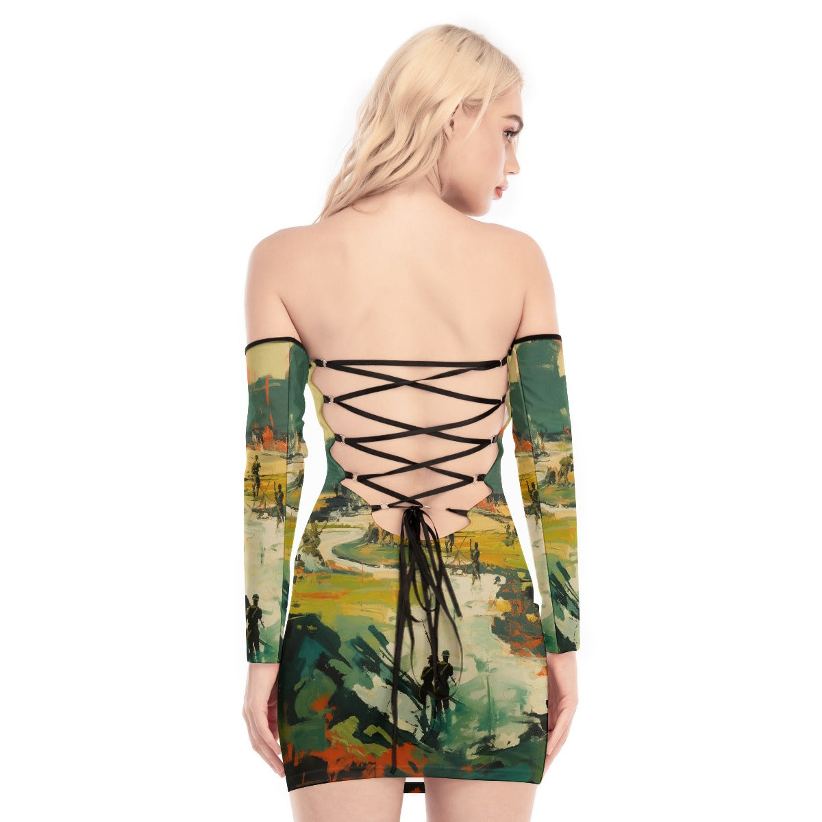 All-Over Print Women's Off-shoulder Back Lace-up Dress