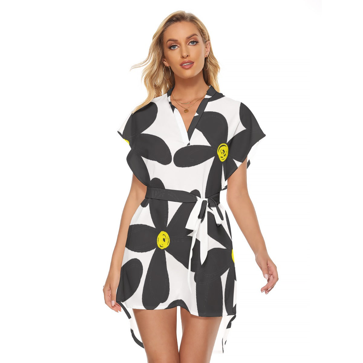 All-Over Print Women's Stand-up Collar Casual Dress With Belt