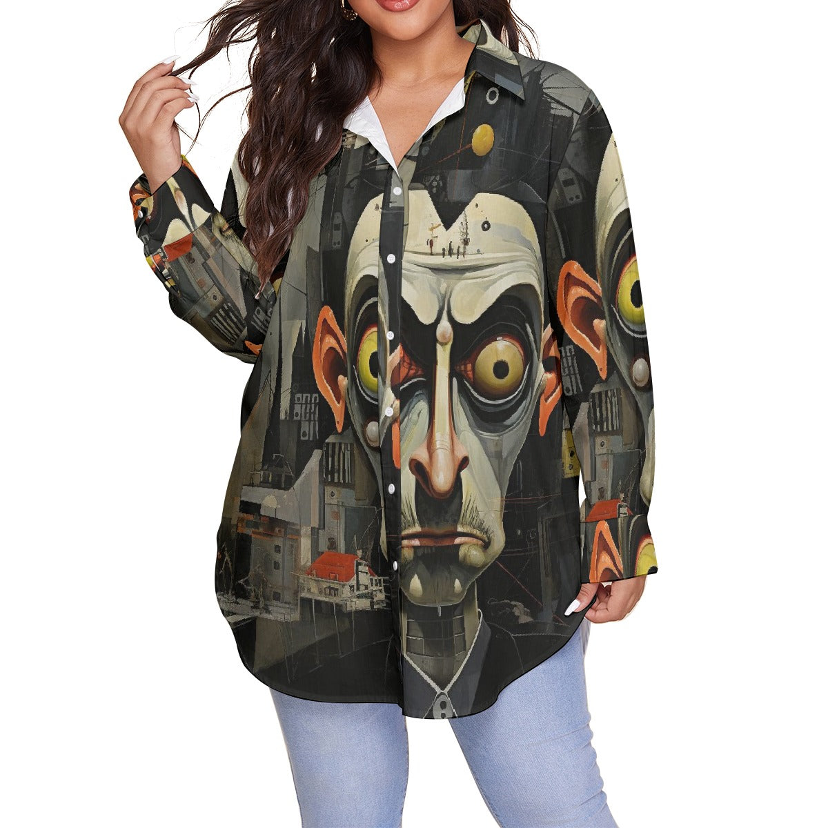 All-Over Print Women's Shirt With Long Sleeve(Plus Size)