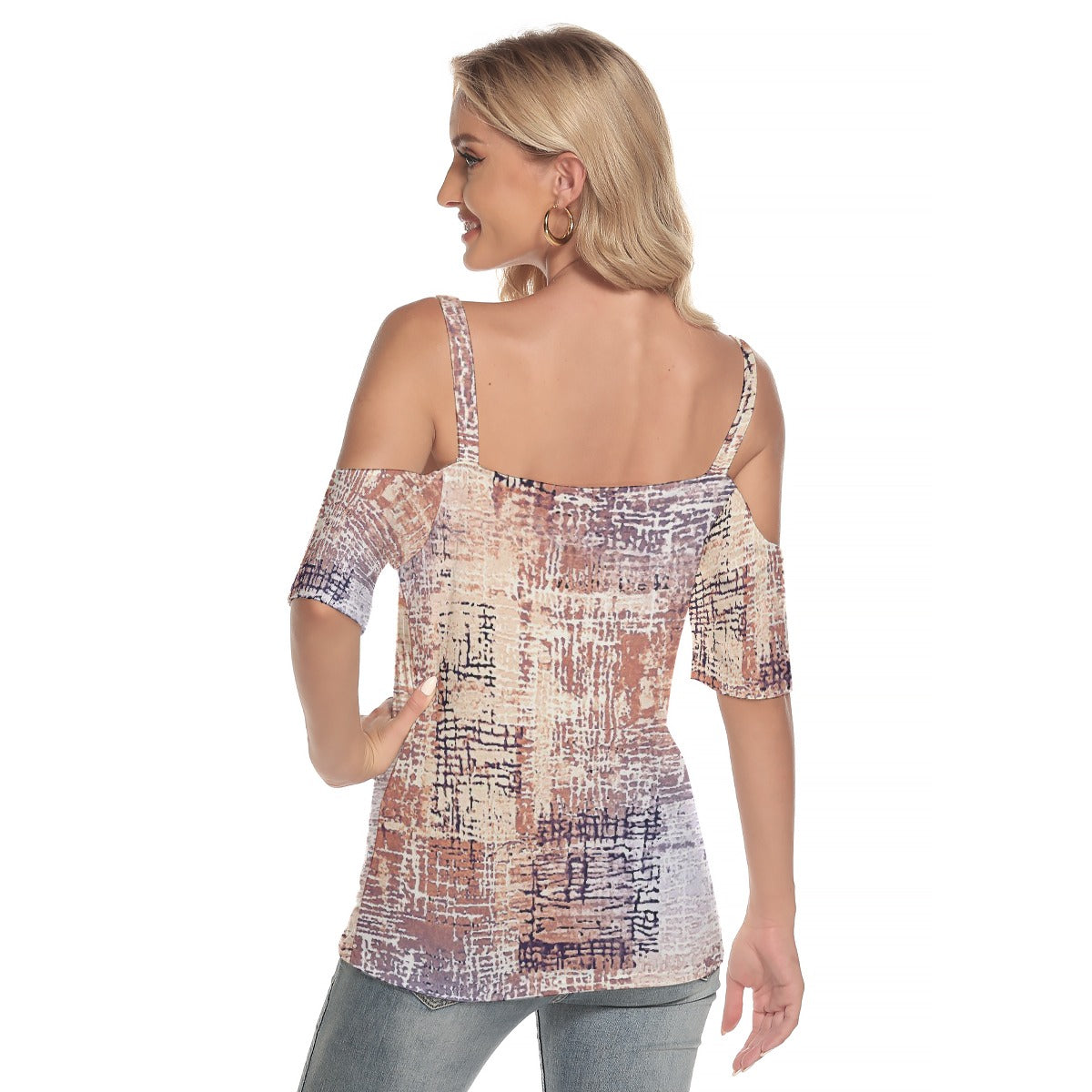 All-Over Print Women's Cold Shoulder T-shirt With Criss Cross Strips