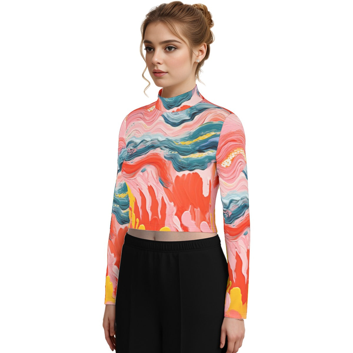 Eco-Friendly All-Over Print Women's Turtleneck T-shirt With Long Sleeve